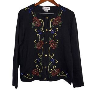Joan Leslie Vintage 80s 90s Cardigan Womens Blk Holiday Christmas Beaded Size Lg